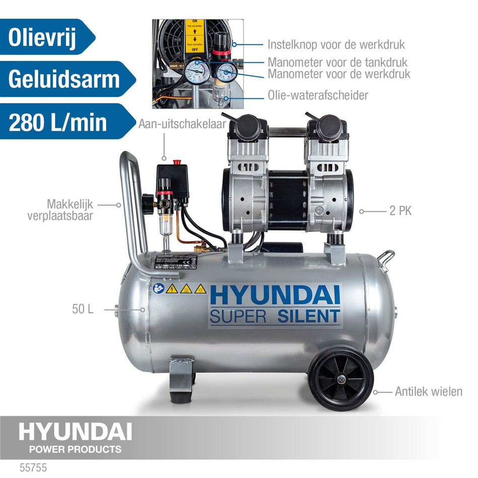 Hyundai stille compressor 50L 8 bar