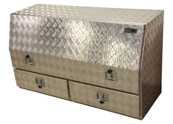 Diamond plate storage box with door and 2 drawers