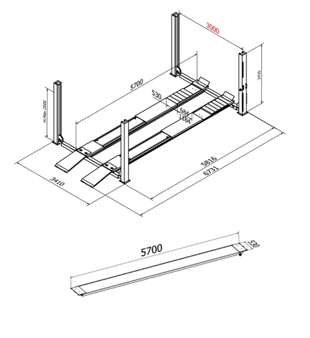 Vier koloms hefbrug 5000kg 5,7m flat 3m doorrijbreedte Cascos - Weldingshop